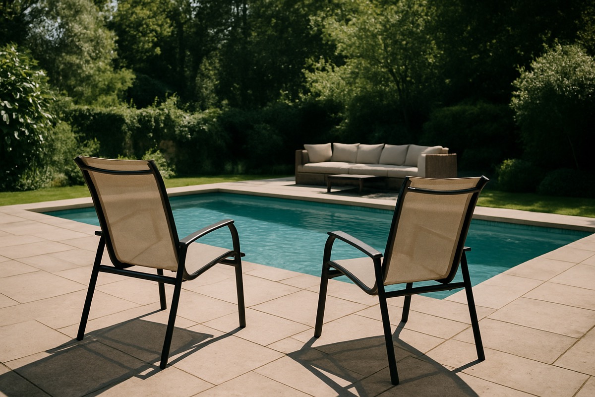 Sling patio chairs and cushioned seating on a Carolina patio