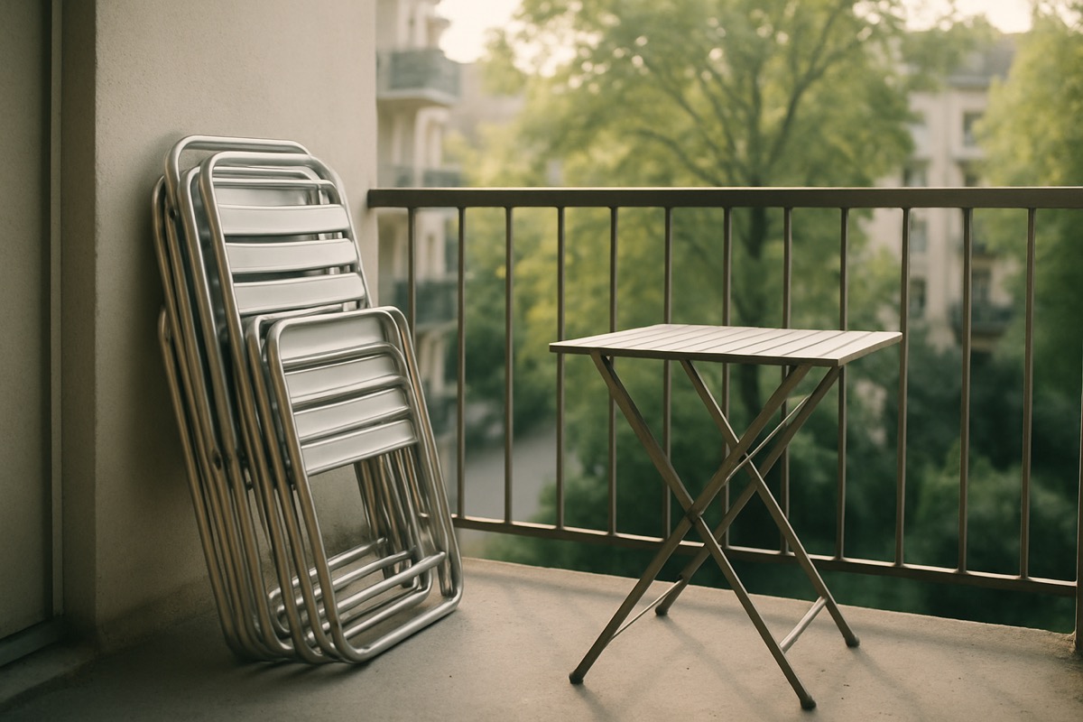 Stack of folding patio chairs beside a folding bistro set on a small balcony