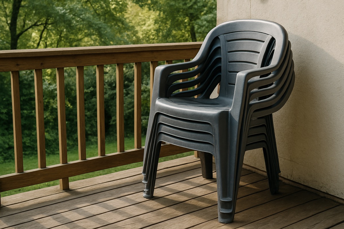 Tower of stacked resin patio chairs in the corner of a deck