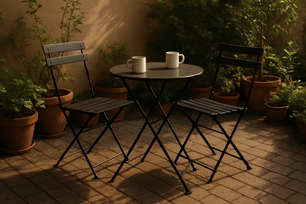 Folding bistro set open on a small patio with coffee on the table