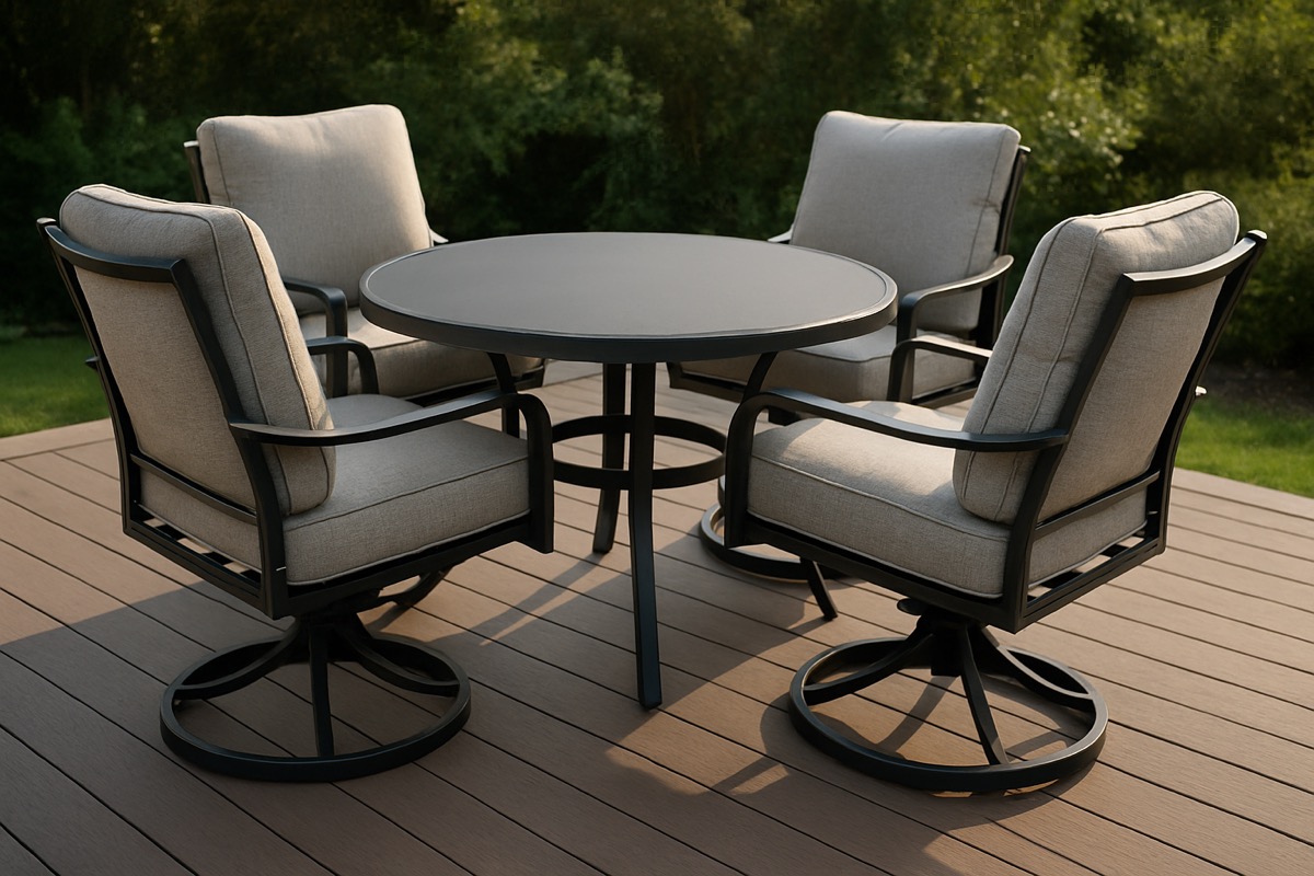 Swivel outdoor dining chairs around a patio table