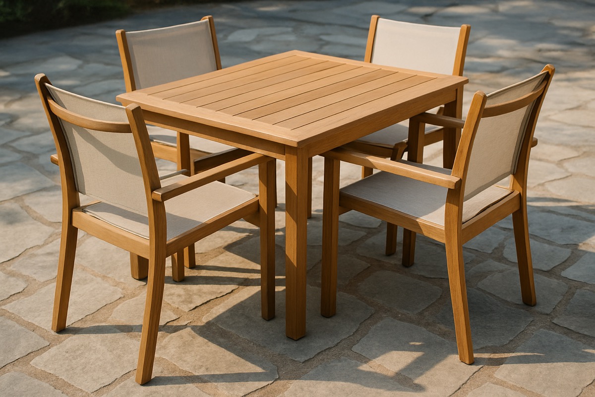Stationary outdoor dining chairs at a wooden patio table