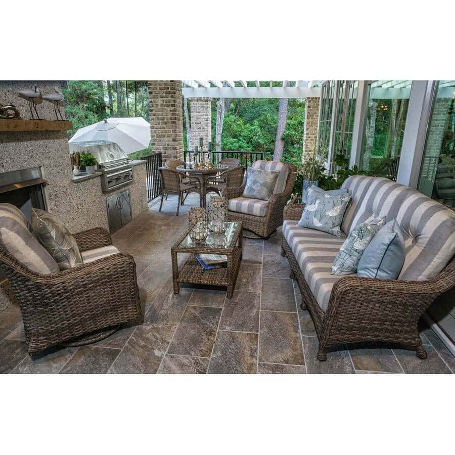Choosing Patio Furniture Glides for Decks and Pavers: Client Wicker Furniture Foot Profiles on Stone Tile