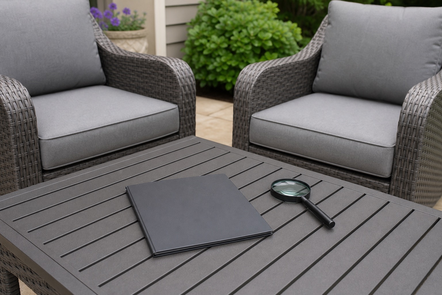 Outdoor patio furniture with a blank warranty folder and magnifying glass