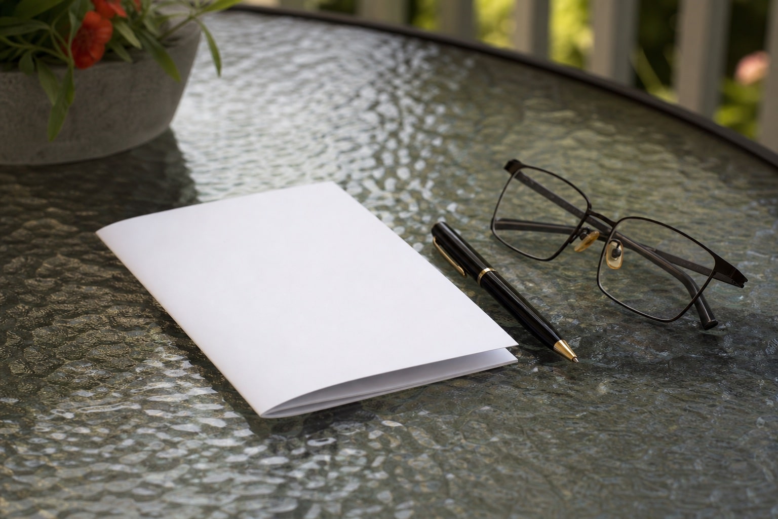 Blank warranty booklet with a pen and reading glasses on a patio table