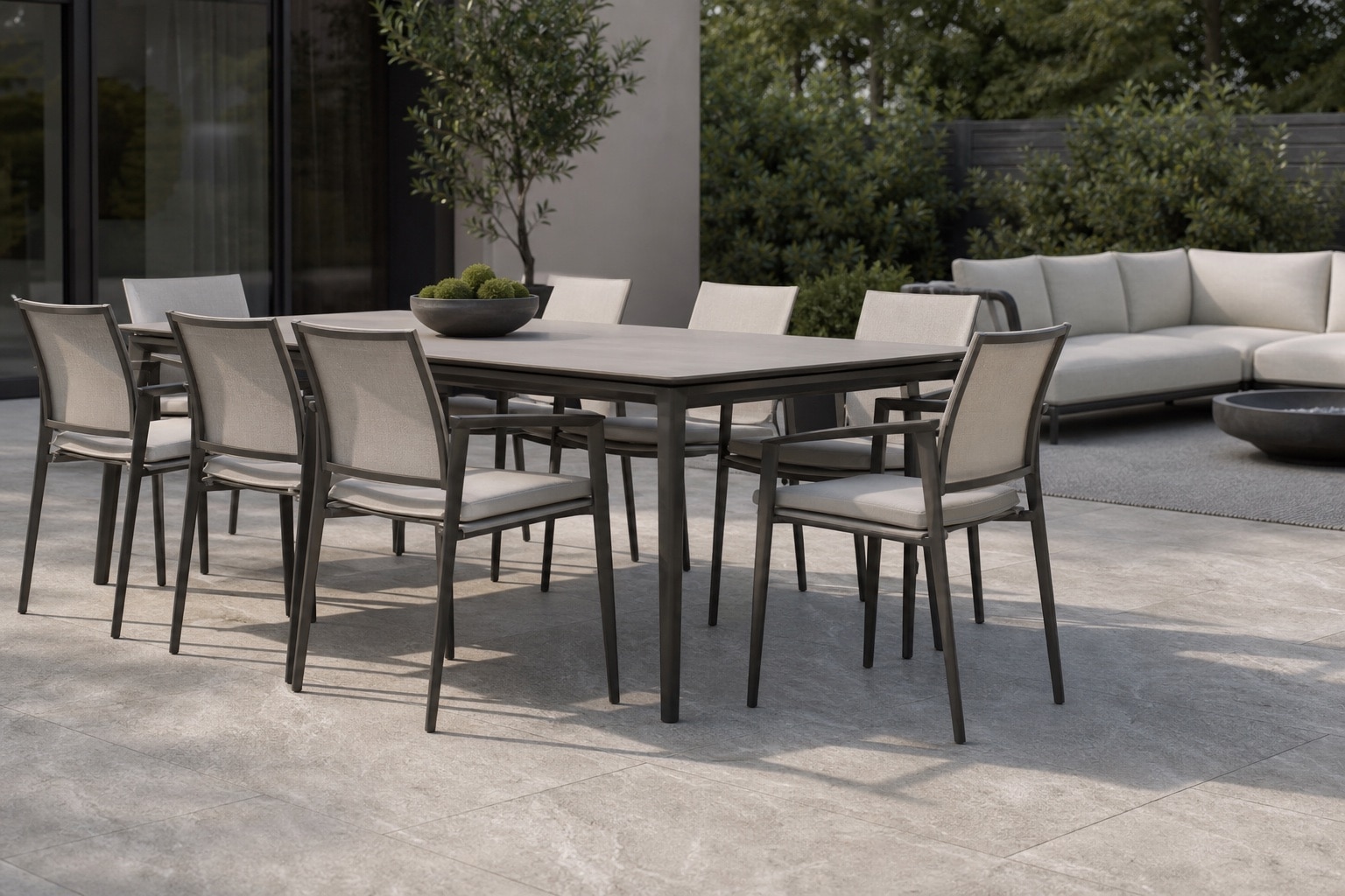 Outdoor dining and lounge furniture showing frame, fabric and finish details