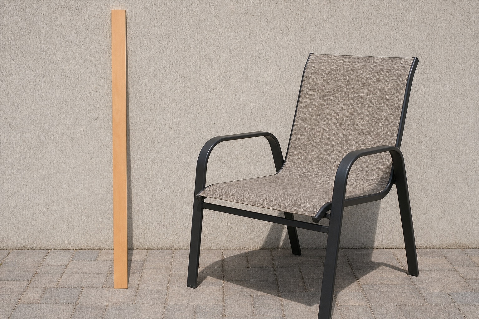Patio chair beside a plain measuring stick showing the seat height