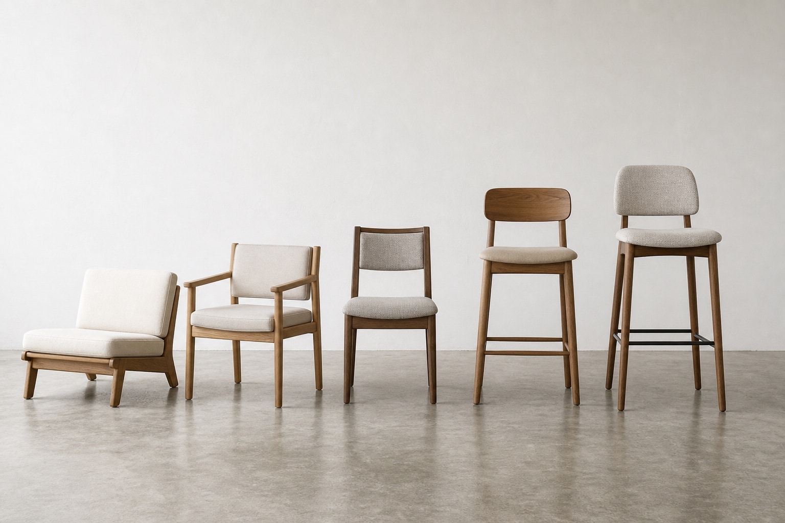 Low lounge chairs, dining chairs and counter stools lined up by height