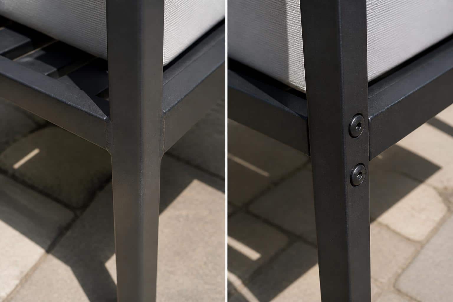 aluminum patio chair welds vs bolted joints example on an outdoor patio