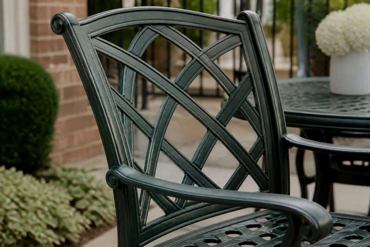 Decorative cast aluminum patio chair back detail for a Charlotte outdoor space