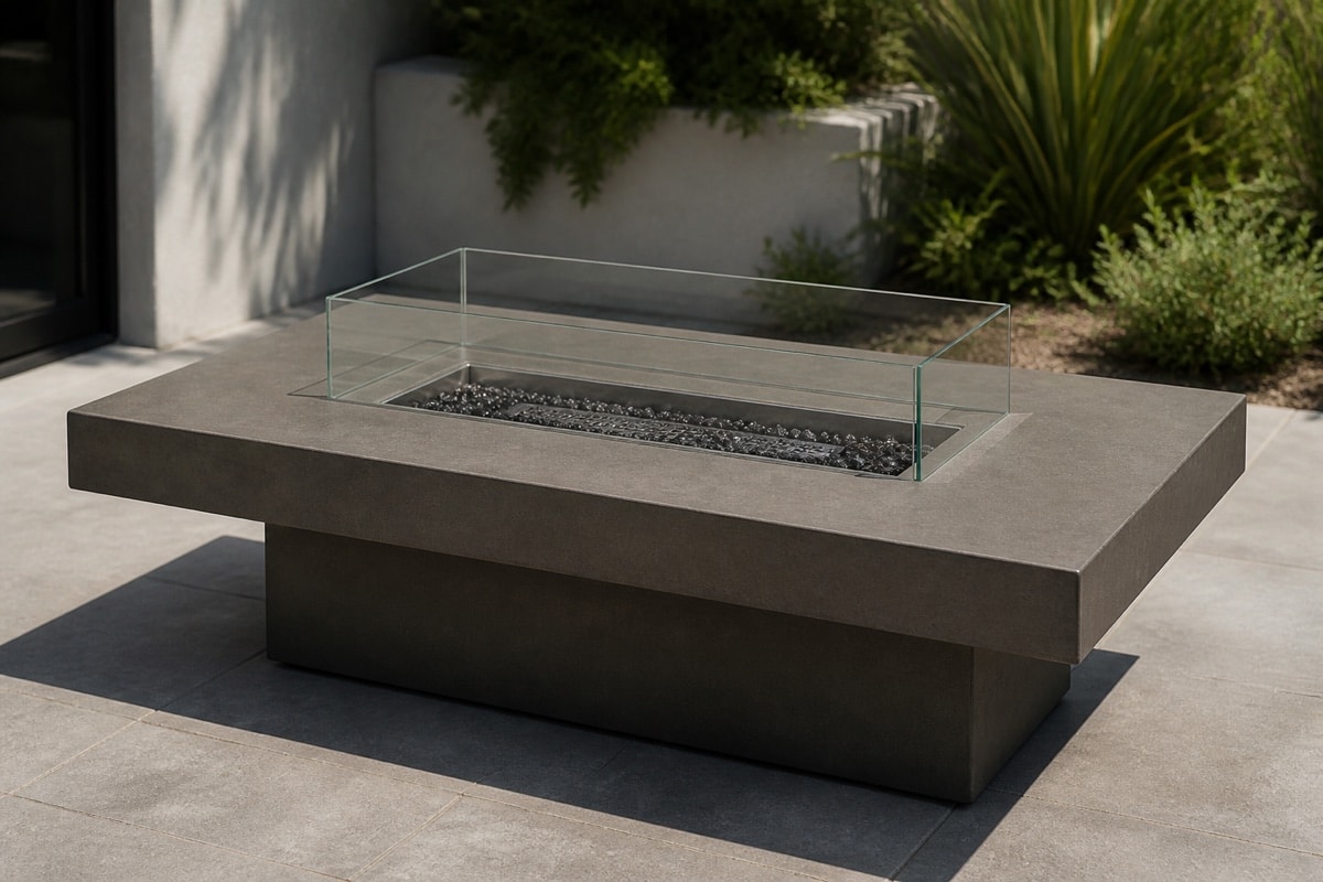 wind guard centered around a rectangular fire table burner with tabletop clearance