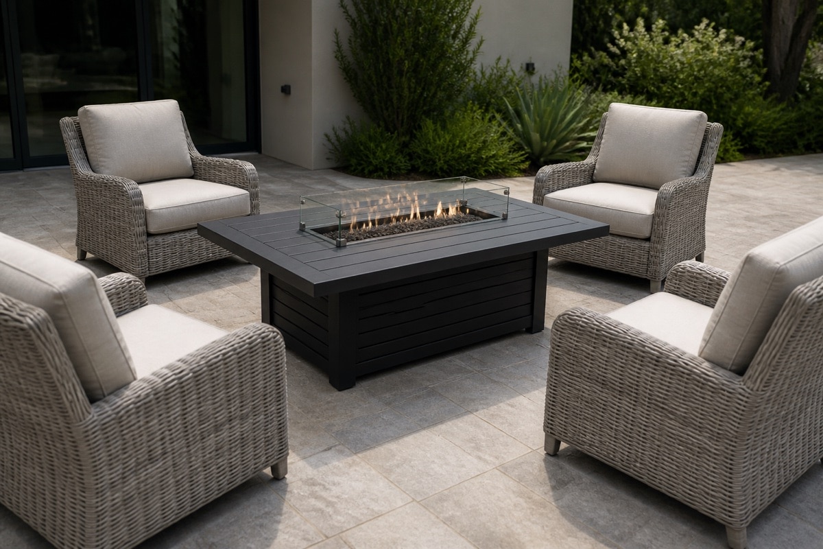 glass fire table wind guard with room for drinks outside the panels