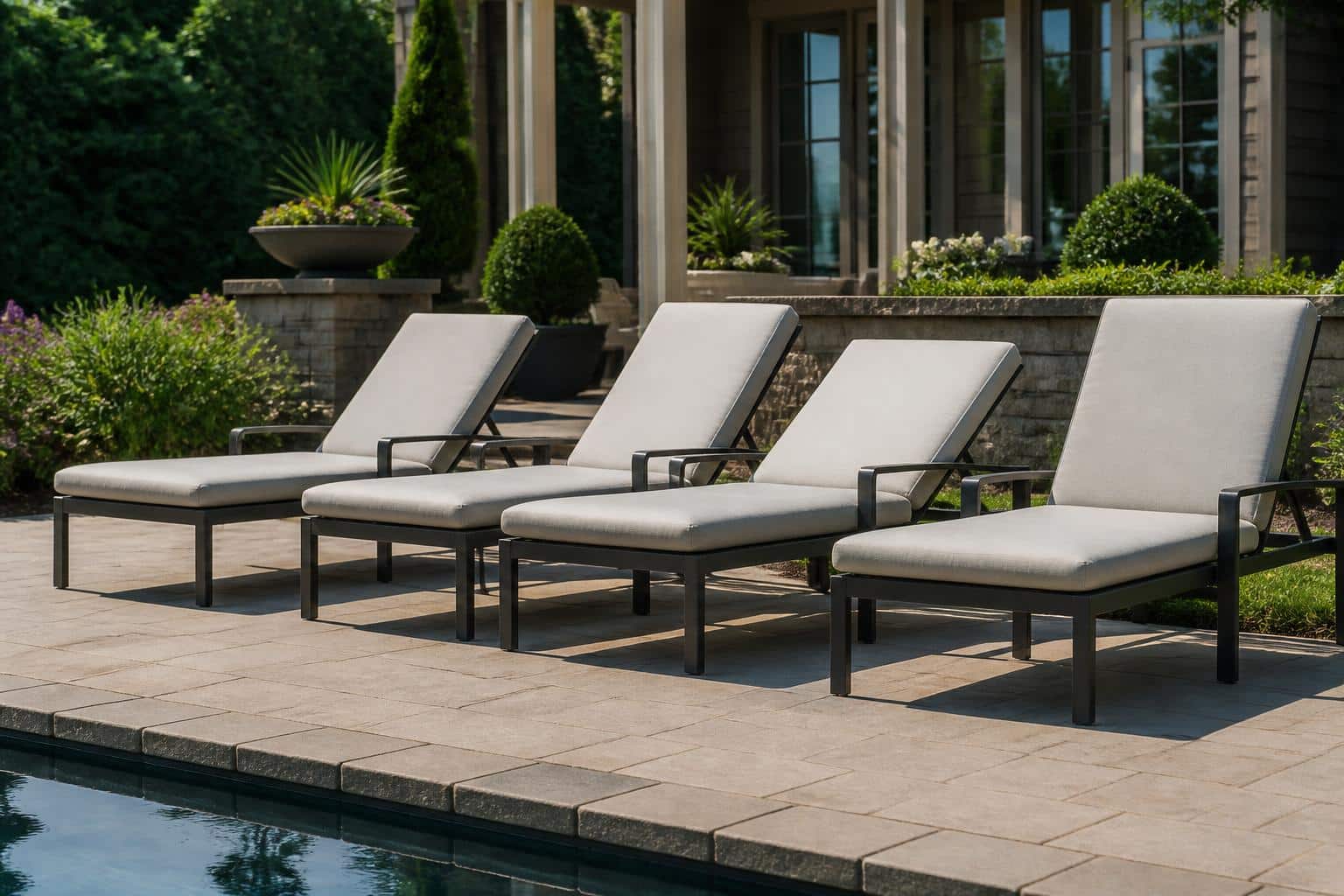Adjustable chaise lounges beside a pool