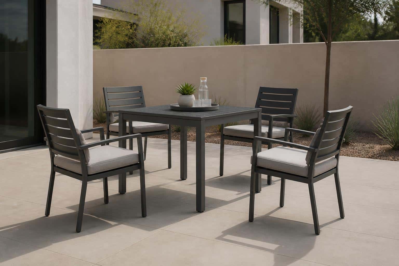 Powder-coated aluminum patio dining set with four armchairs