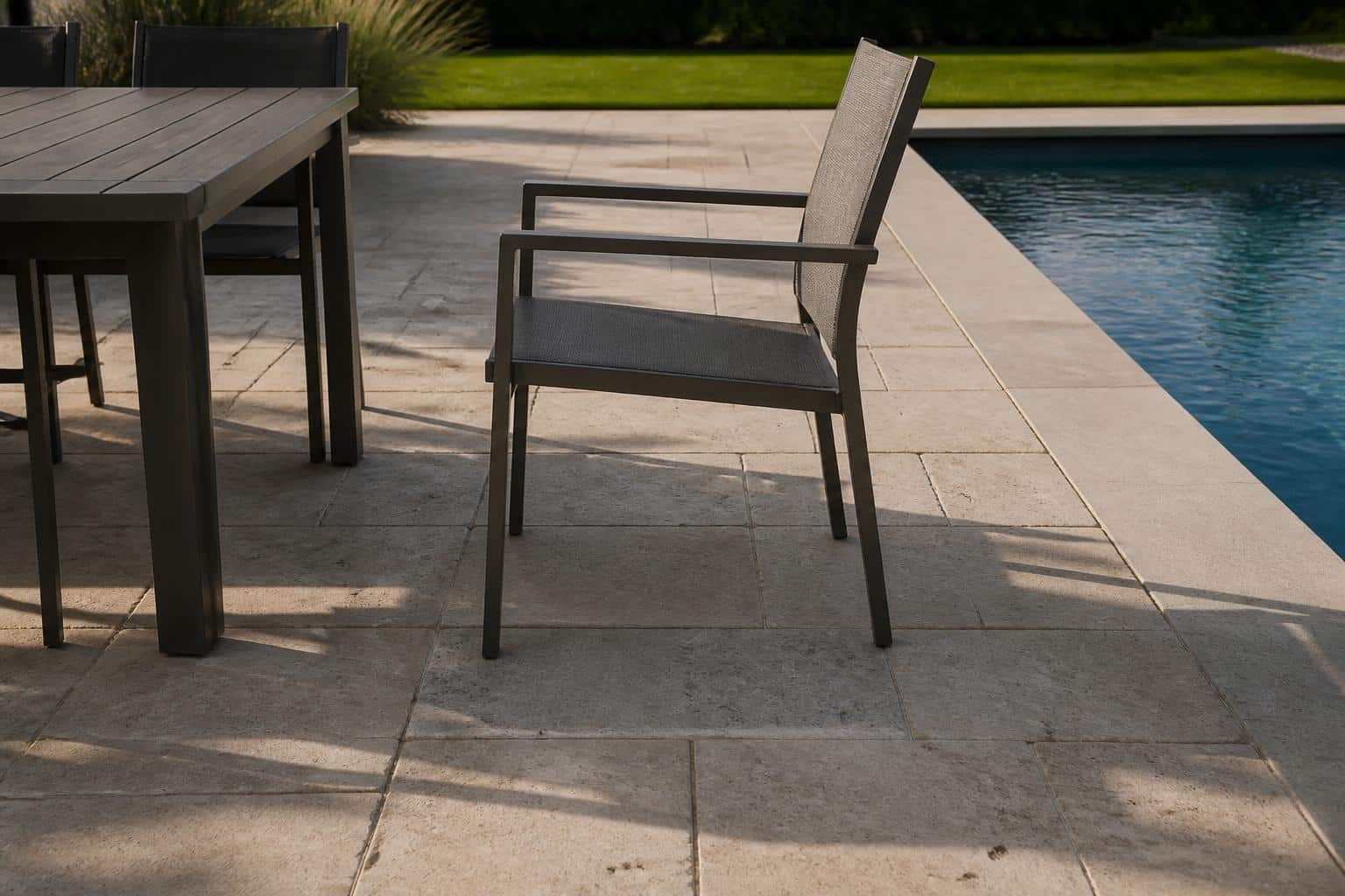 Close view of an outdoor dining arm chair tucked beneath a patio table showing the gap between armrest and apron