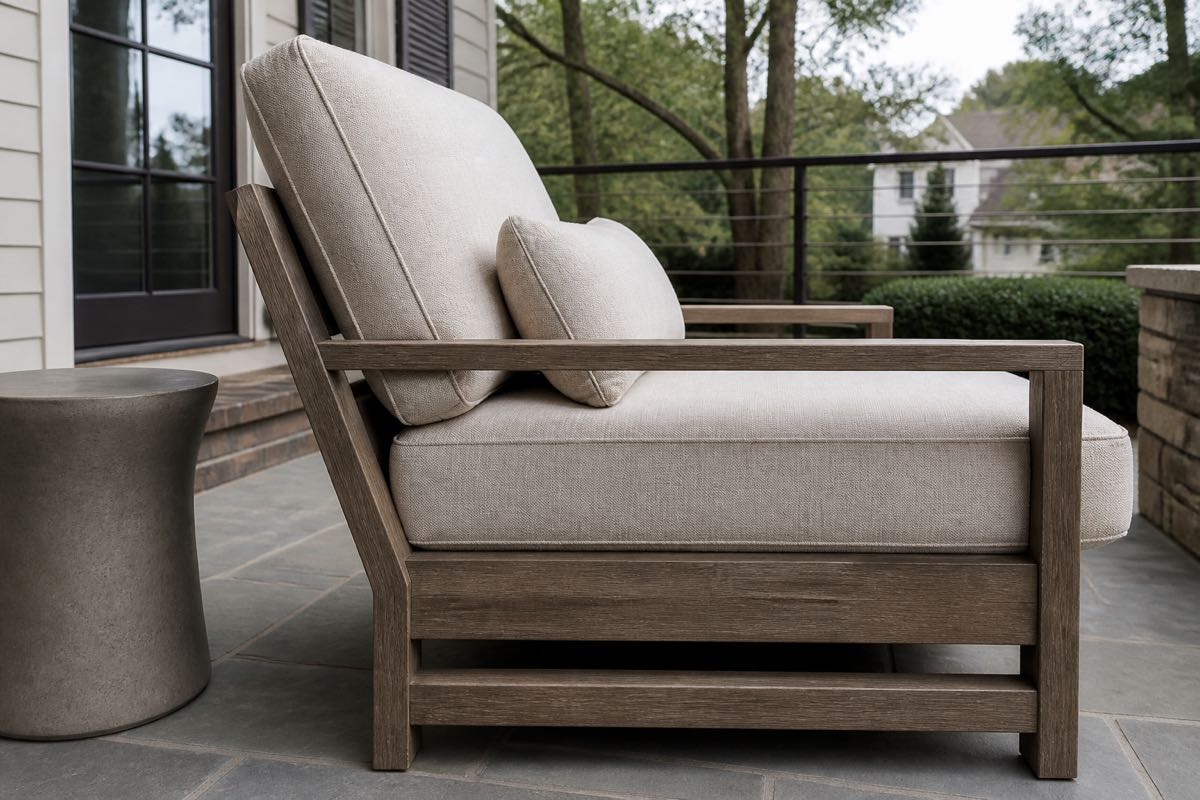Side profile showing outdoor sofa back height and seat pitch on a Charlotte patio