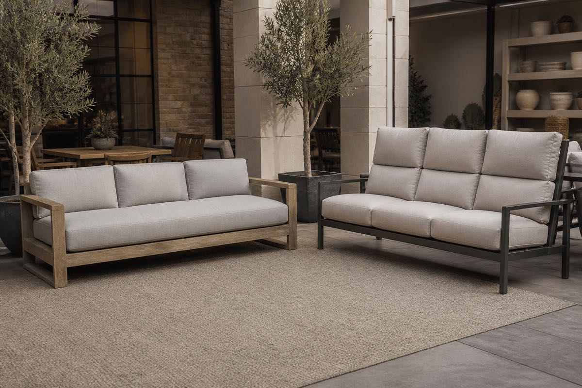Low-back and high-back outdoor sofas compared in a patio furniture showroom