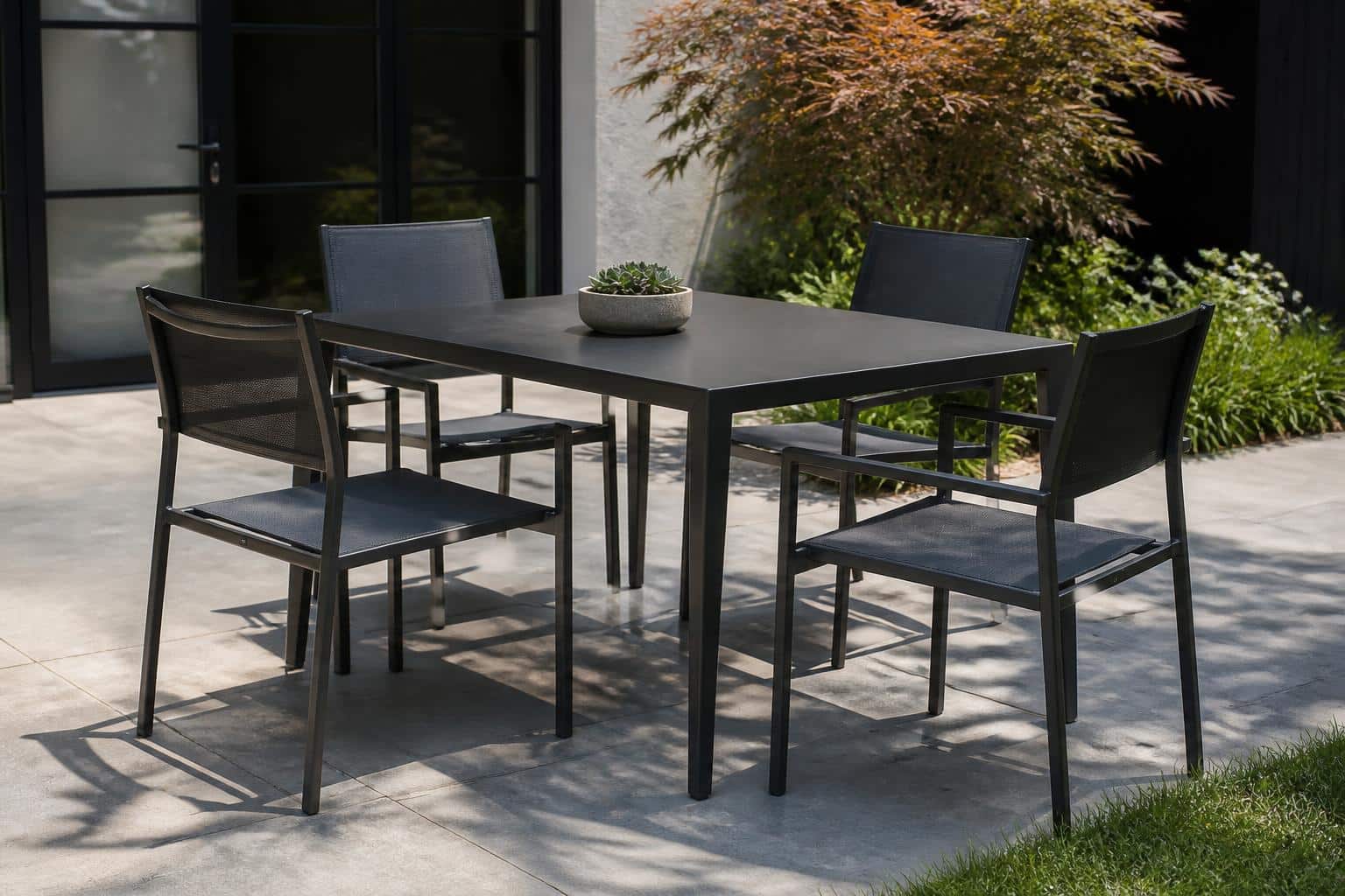 Patio dining set with open space beneath the table