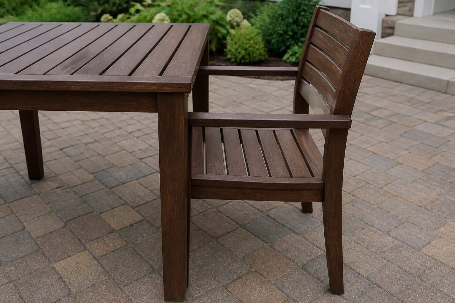 Close view of an outdoor dining table underside showing apron depth and pedestal base clearance
