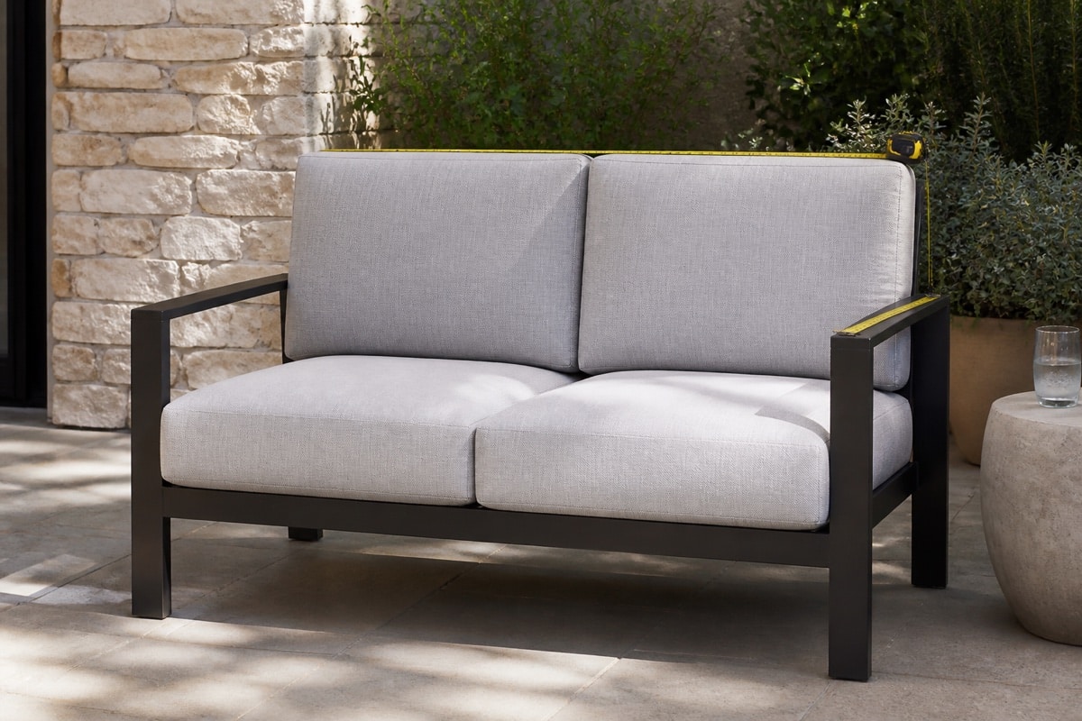 two-person outdoor patio loveseat showing overall width and usable seat width