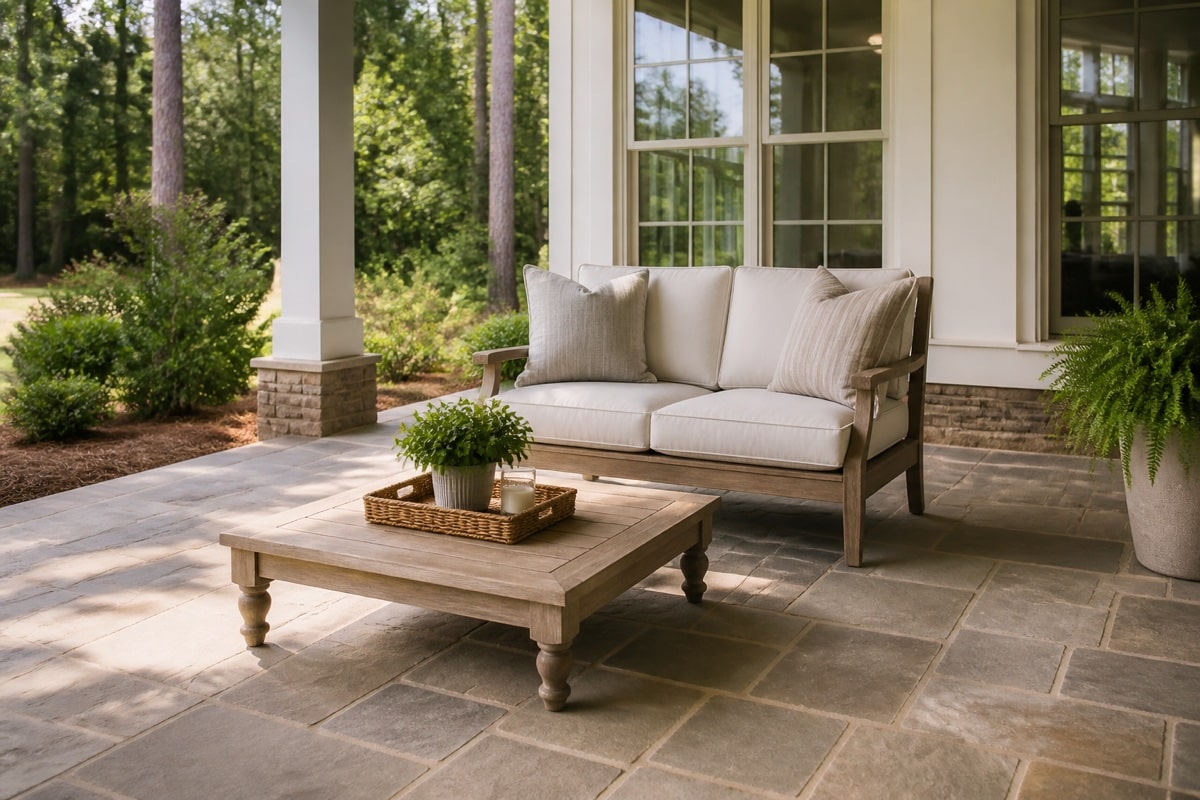outdoor loveseat with cushions on a covered patio with side table clearance