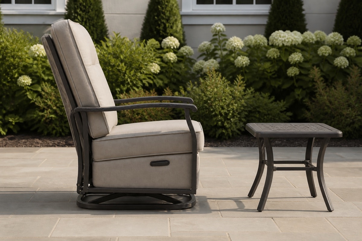 outdoor patio recliner shown upright and fully reclined with footrest clearance