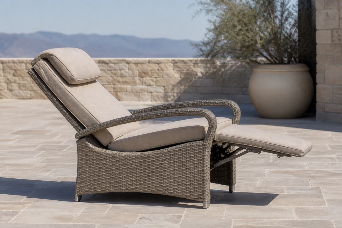 covered patio seating layout with recliners, side table, umbrella base, and clear walkway