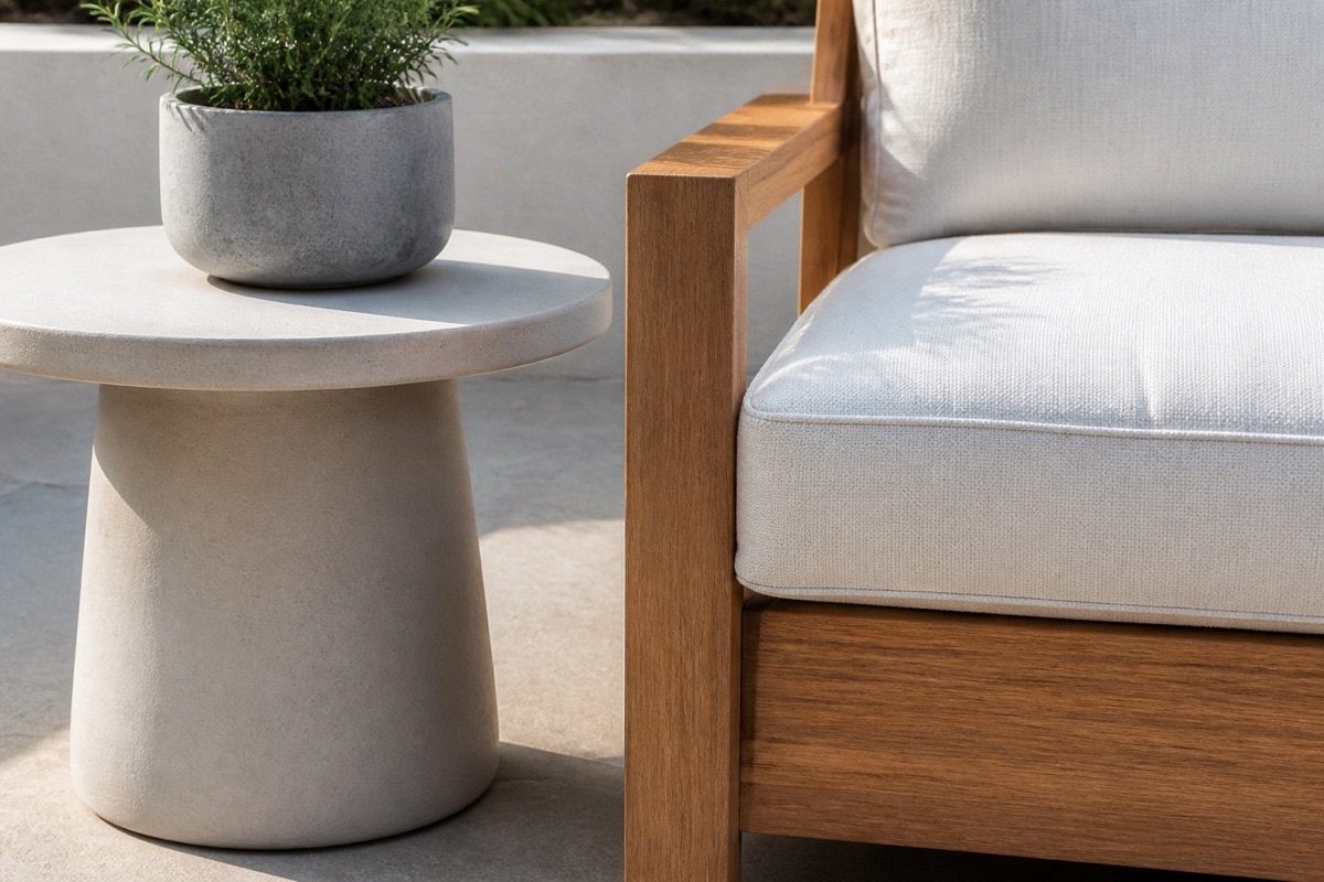 deep seating chair with side table aligned near the outdoor arm height