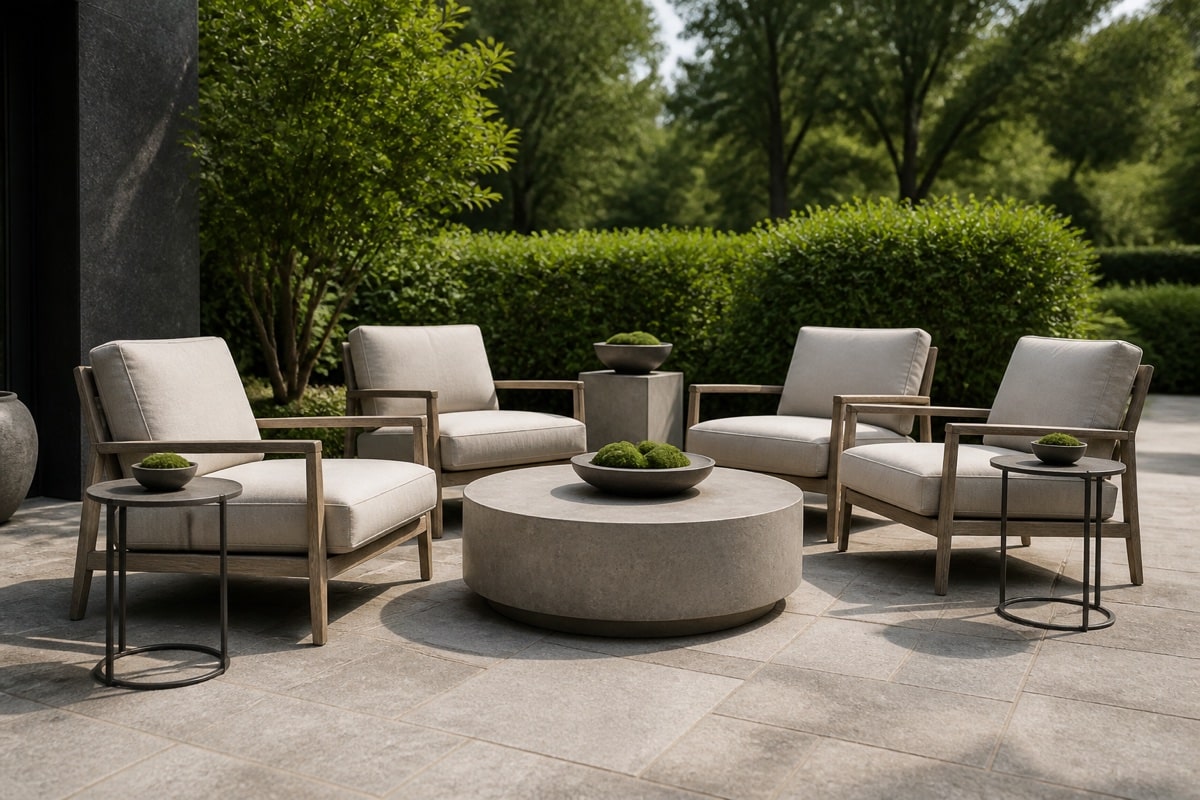 covered porch lounge seating with side tables placed beside cushioned outdoor chairs