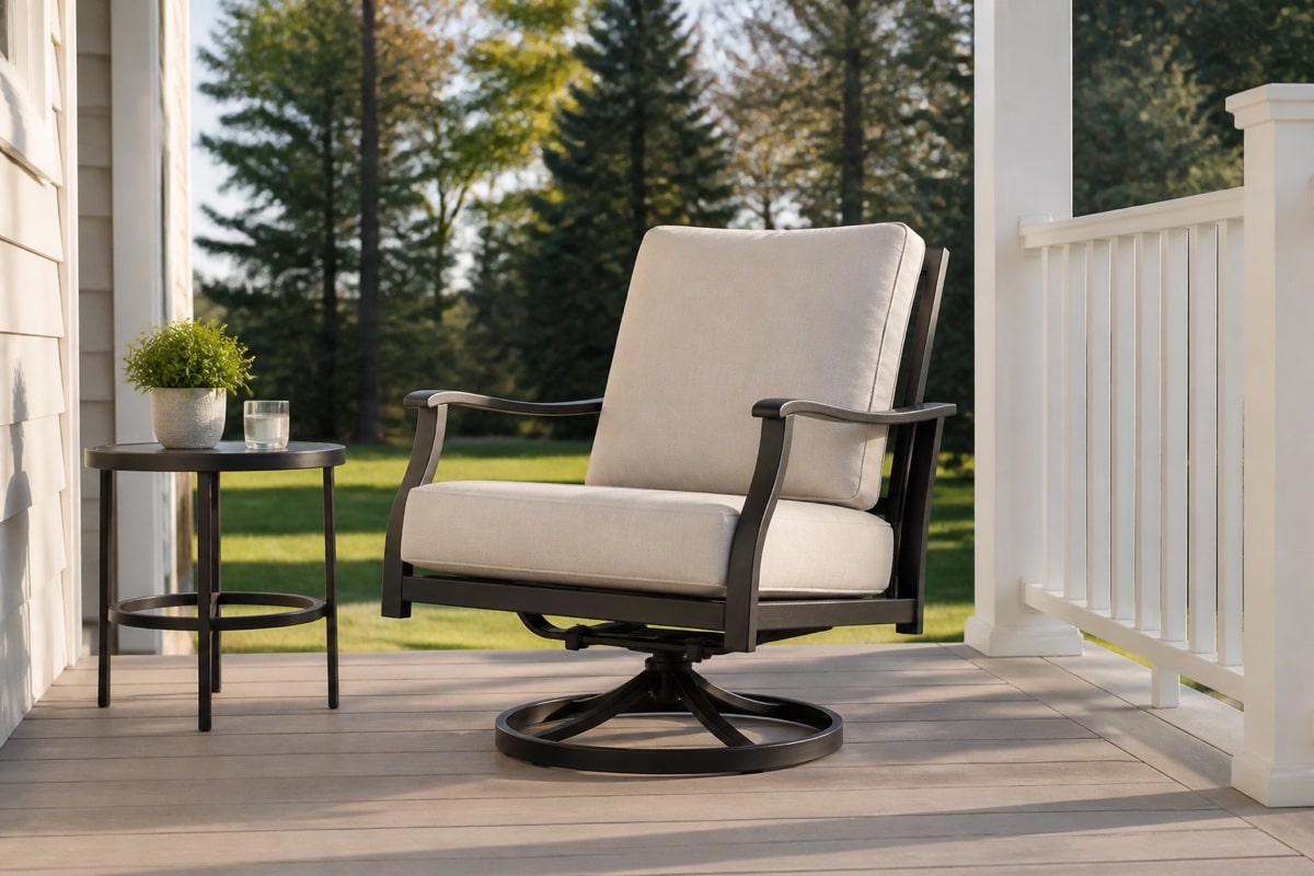 outdoor patio swivel rocker with measured base and wall clearance