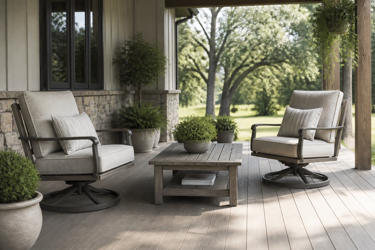patio swivel rocker seating group with coffee table and clear walking path