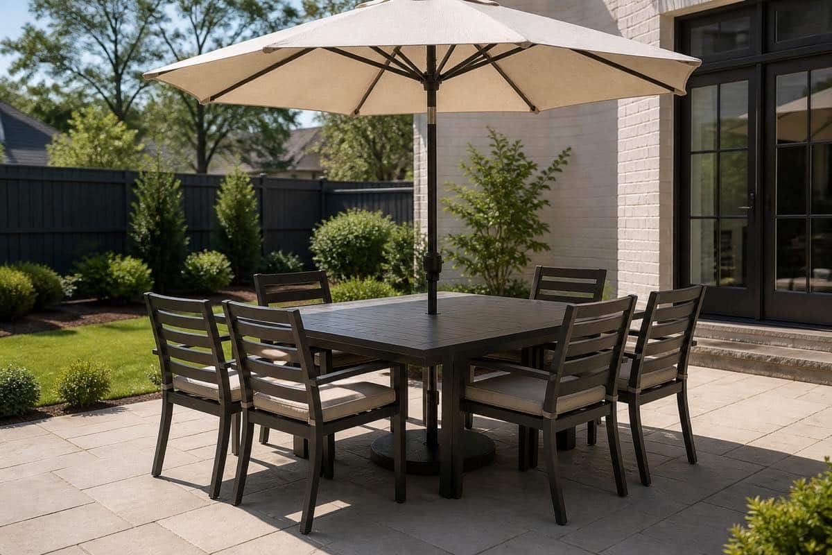 Market umbrella aligned through an outdoor dining table and base in Charlotte