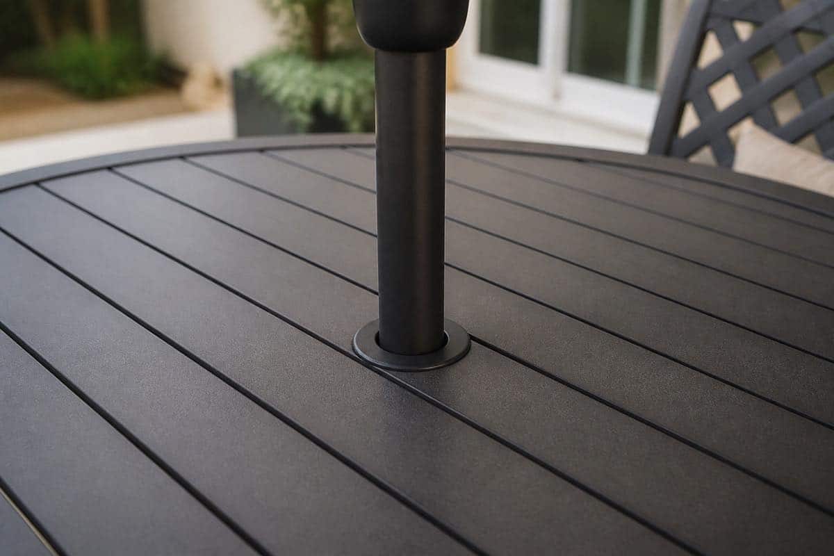 Market umbrella pole fitted through a protected patio table opening in Charlotte