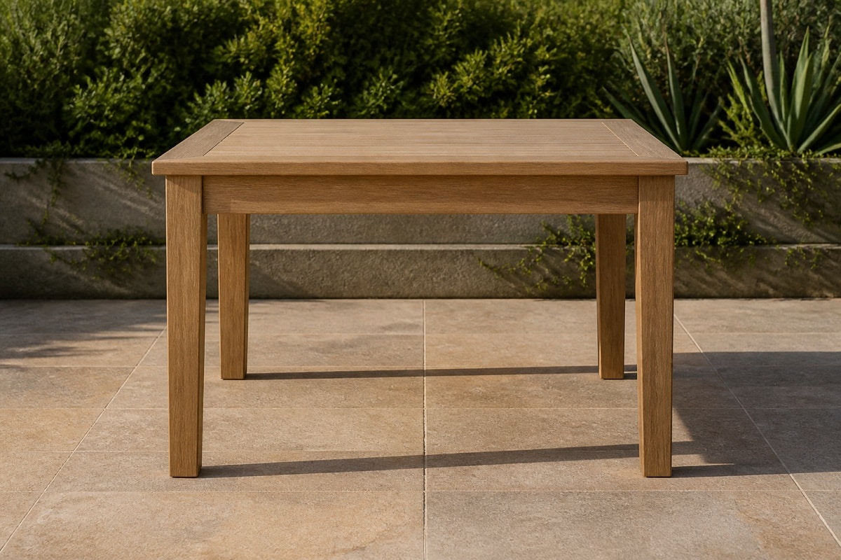 outdoor rectangular dining table on a covered porch with clear chair and walkway spacing