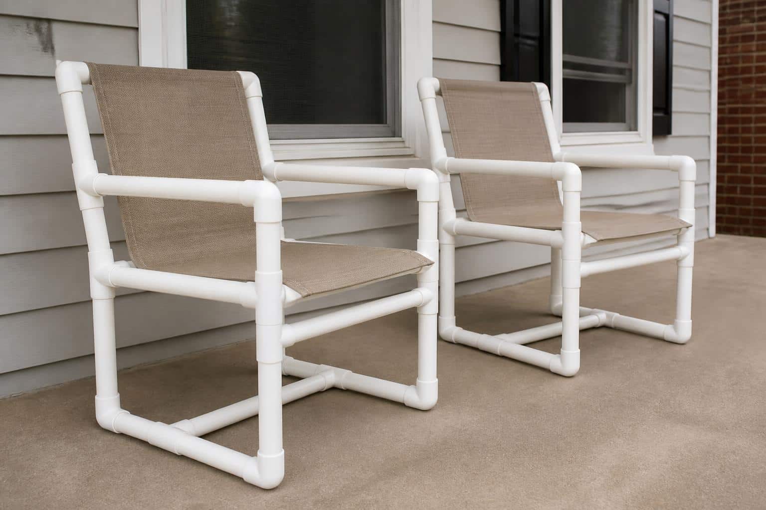 Close-up of a PVC patio chair frame joint and cushion detail