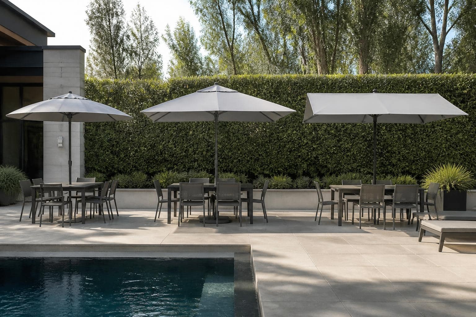 Round, square, and rectangular patio umbrellas on a paved terrace