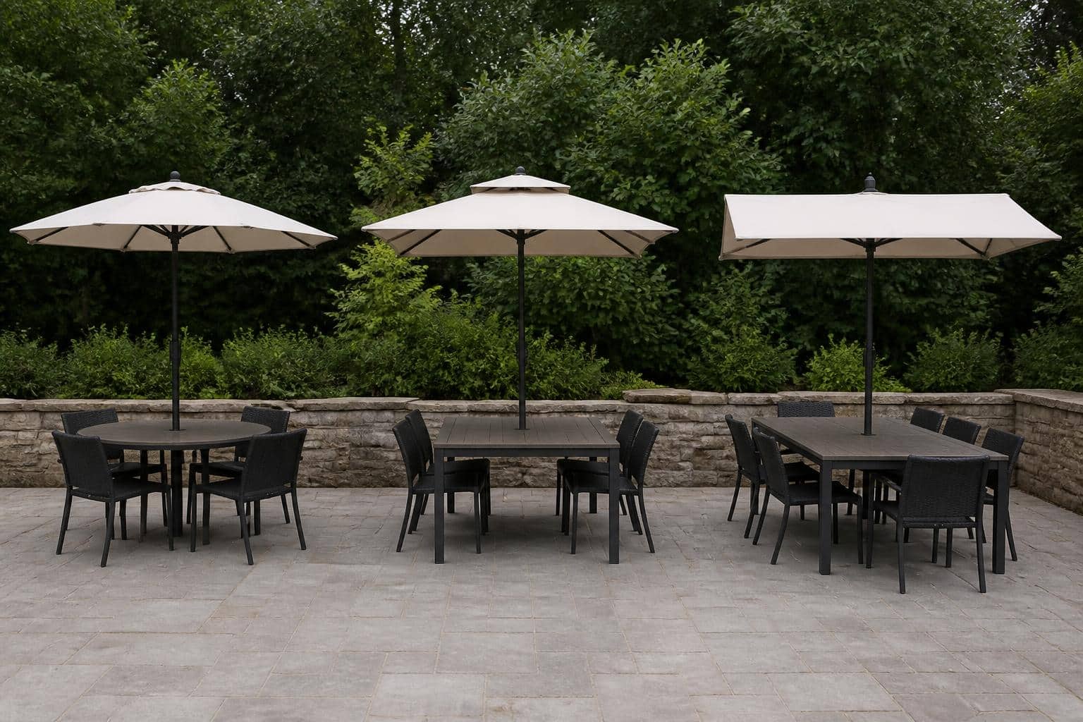 Round, square, and rectangular patio umbrella canopies arranged on a Charlotte patio showing different profile shapes