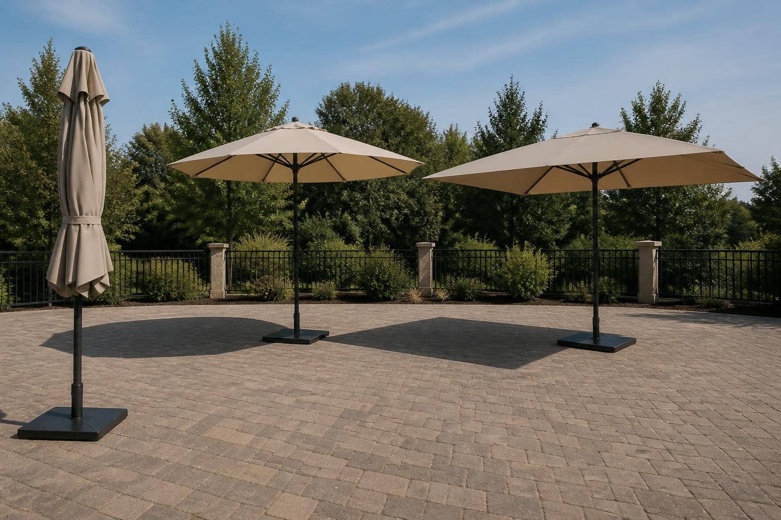 Complete Charlotte outdoor living arrangement with properly spaced dining set and closed patio umbrella after use