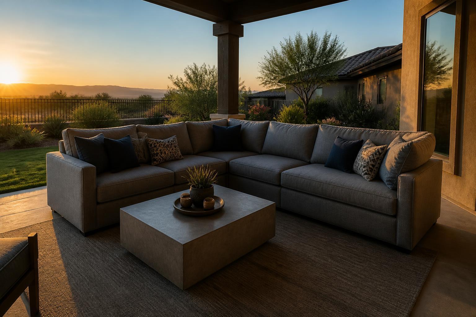 Gray outdoor sectional with throw pillows and a square coffee table on a covered patio at sunset