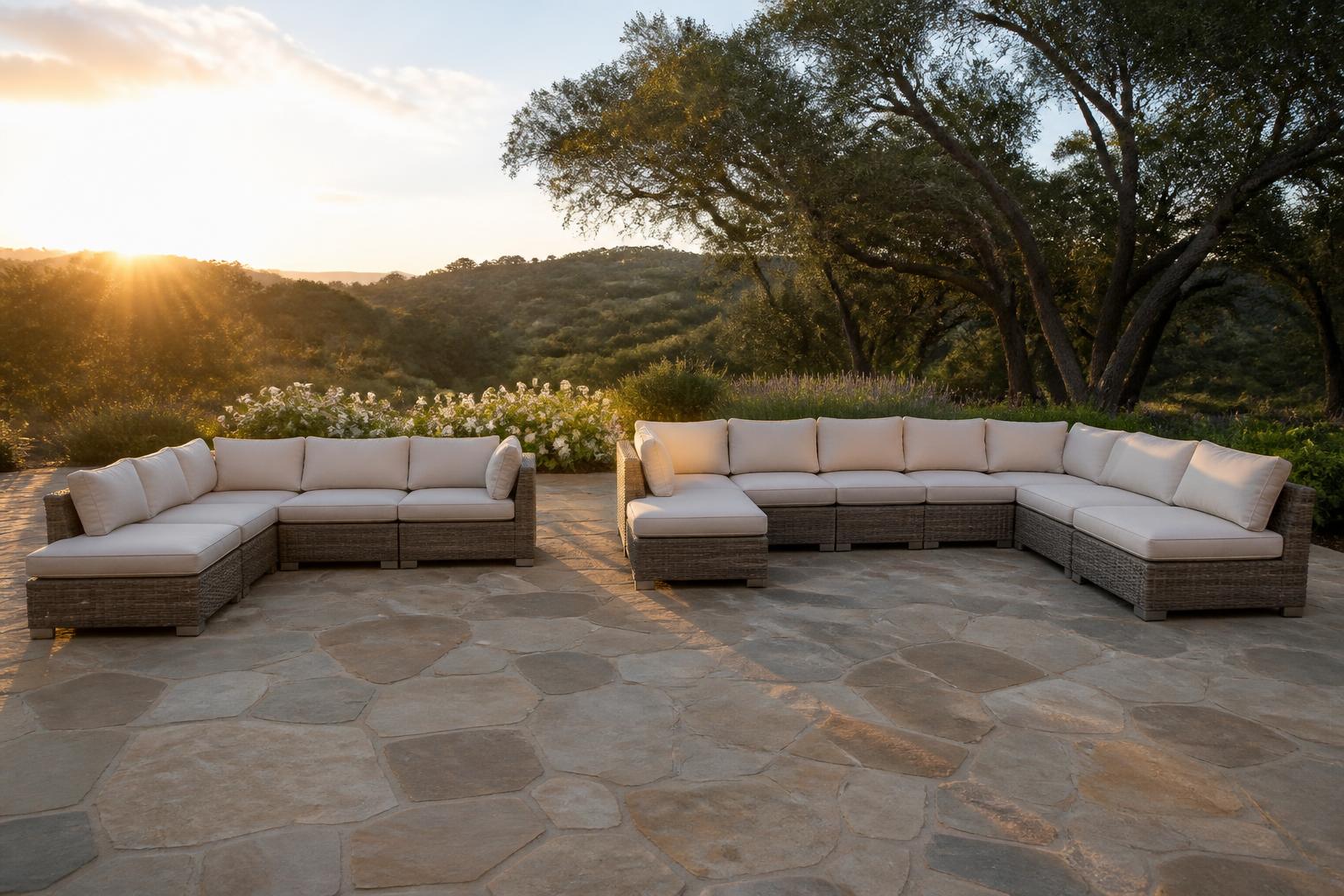 Six-seat outdoor sectional arranged on a covered patio with clear walkway space