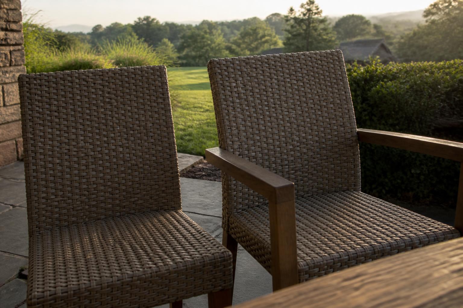 Measuring tape showing clearance between a patio table apron and chair arm