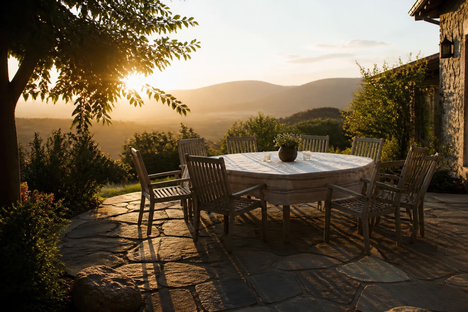 Outdoor dining table with a mix of arm chairs at the ends and armless chairs along the sides