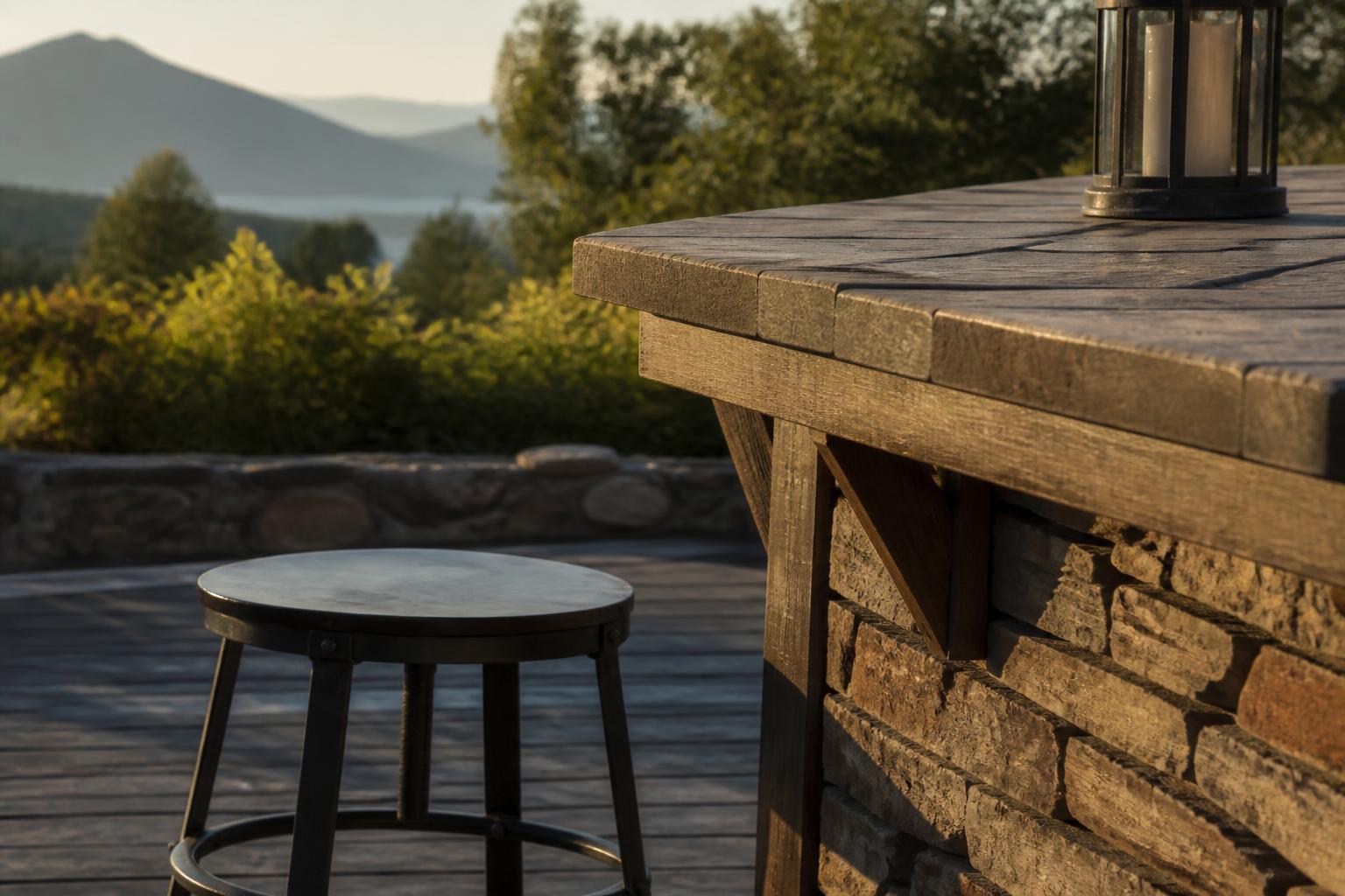 Counter-height aluminum patio table and stools set up on a Charlotte patio