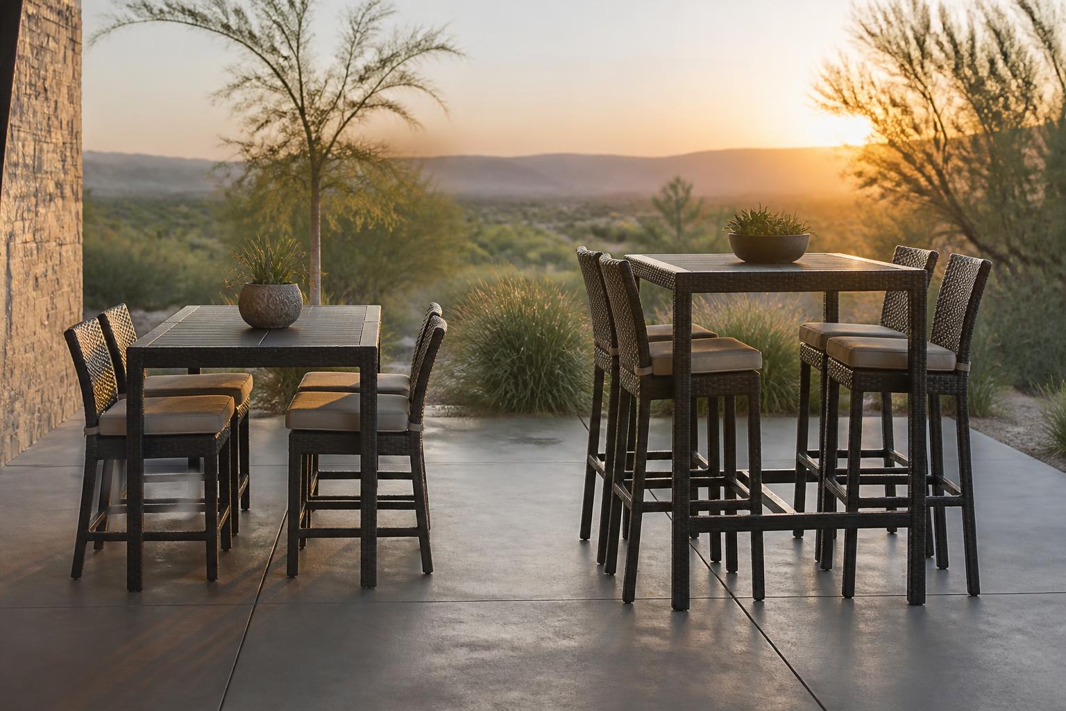 Bar-height patio table with swivel stools positioned near a deck railing