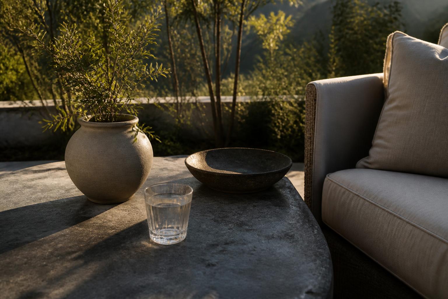 Outdoor sectional with a coffee table centered in the seating group on a patio
