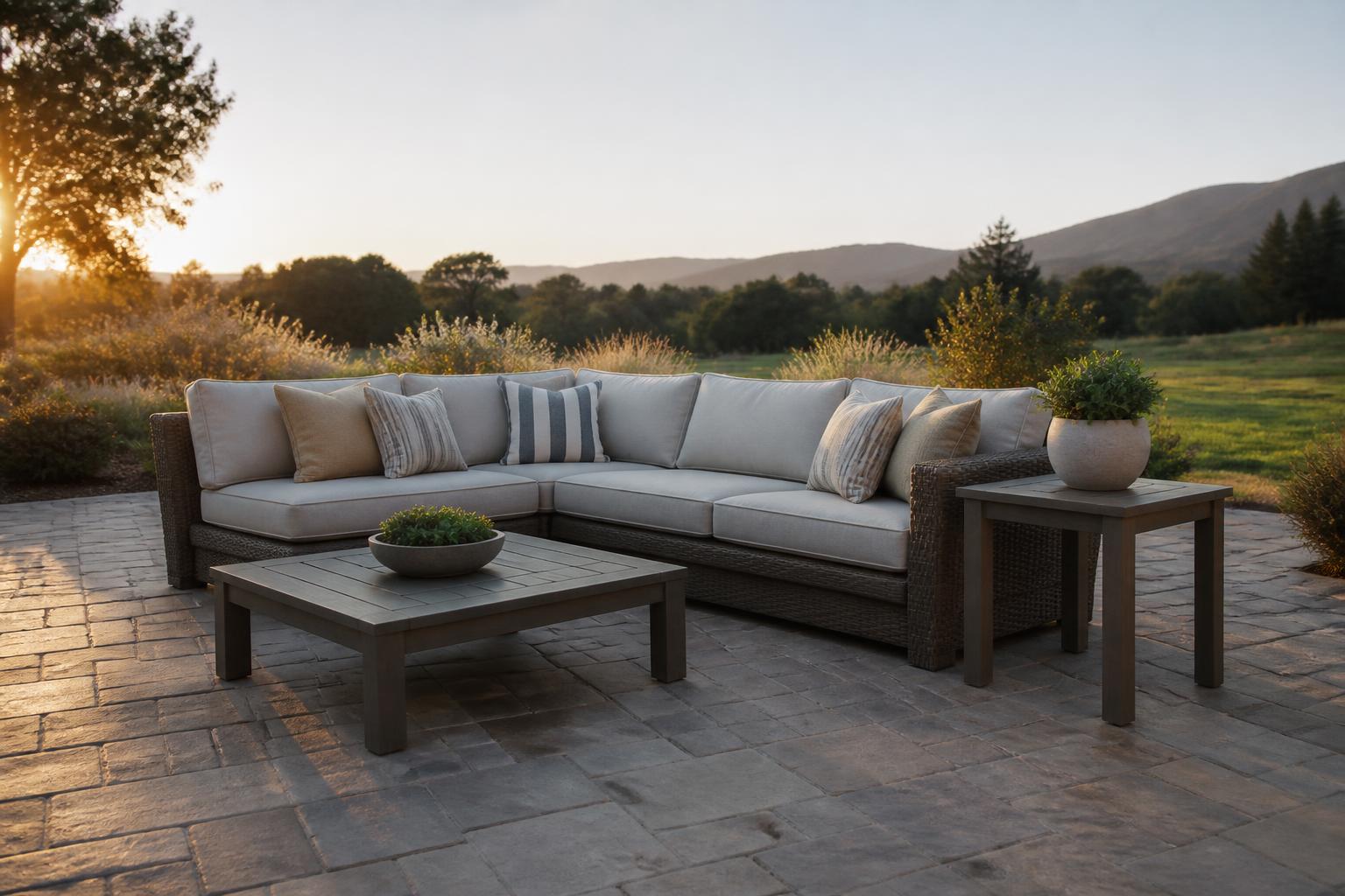 Small outdoor end table positioned at the corner of a sectional next to a chaise