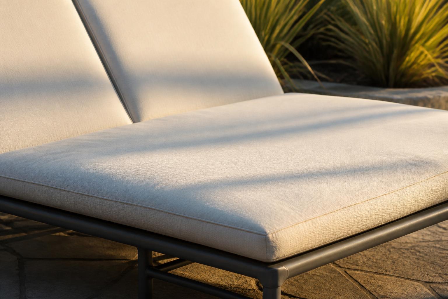 Close-up of a beige outdoor chaise lounge seat cushion on a dark metal frame in warm evening light