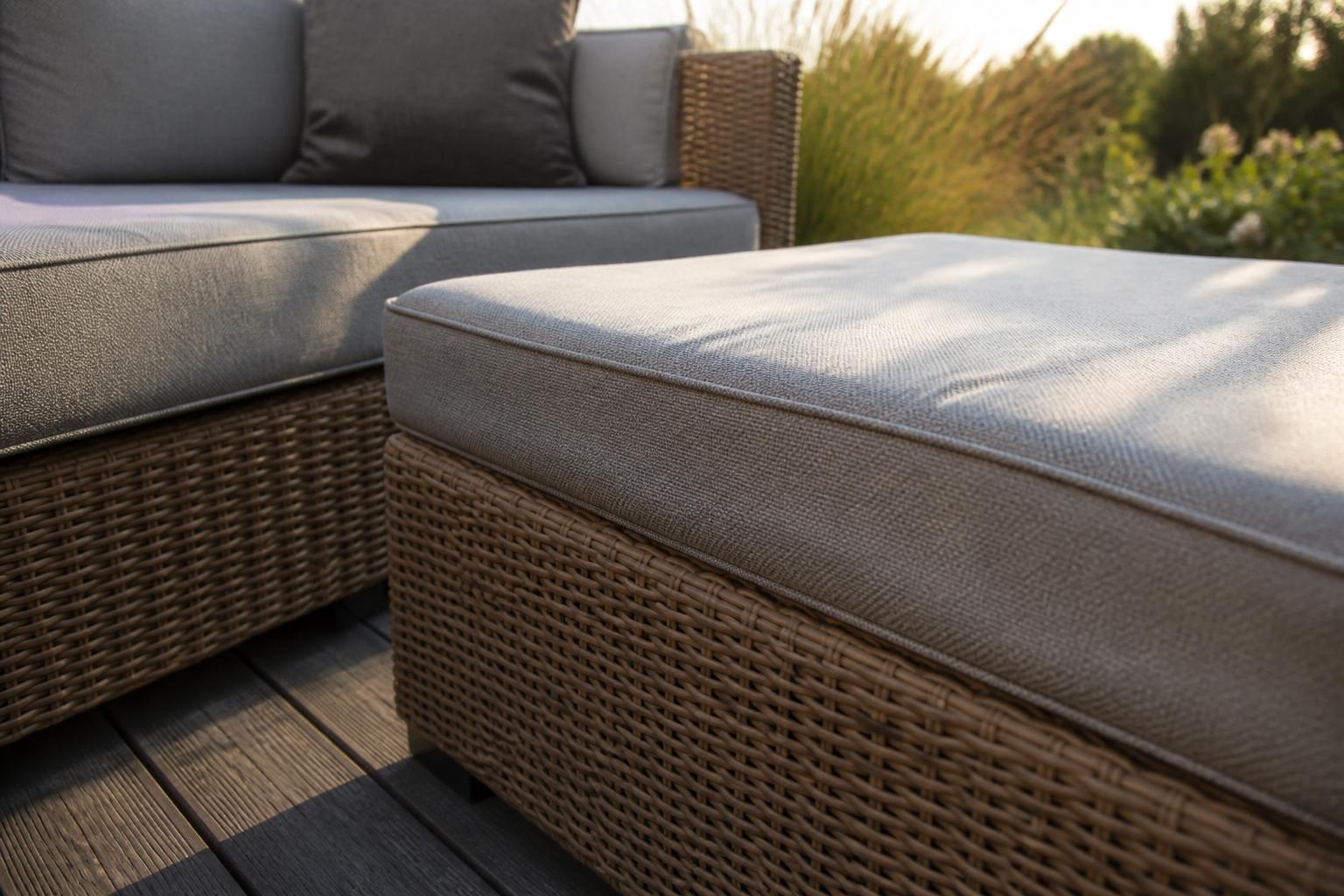 Tape measure across a deep seating outdoor sofa cushion showing seat depth measurement