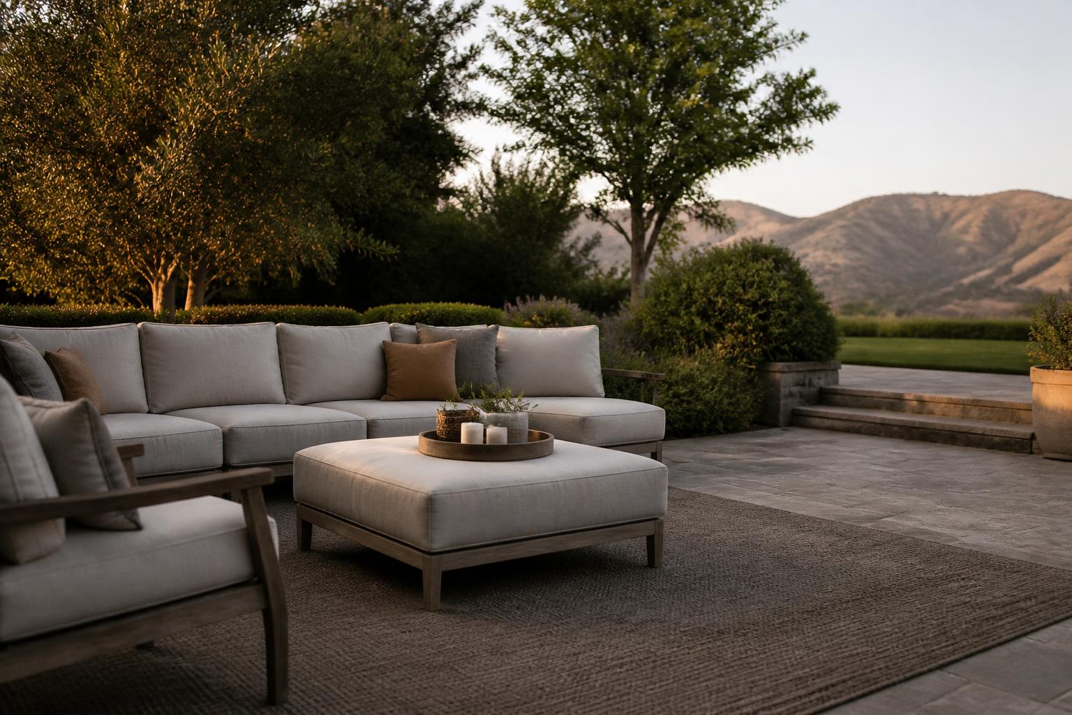 Two square outdoor ottomans positioned at each end of a sectional sofa on a Charlotte patio