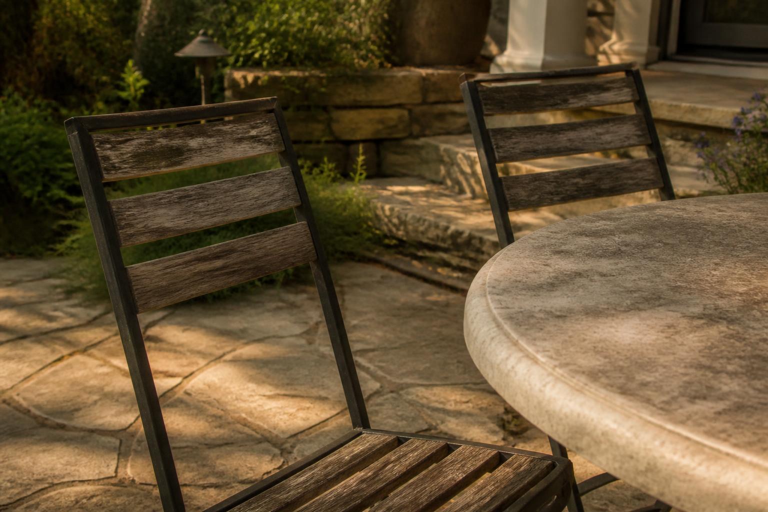 Round outdoor dining table with four chairs on a small patio